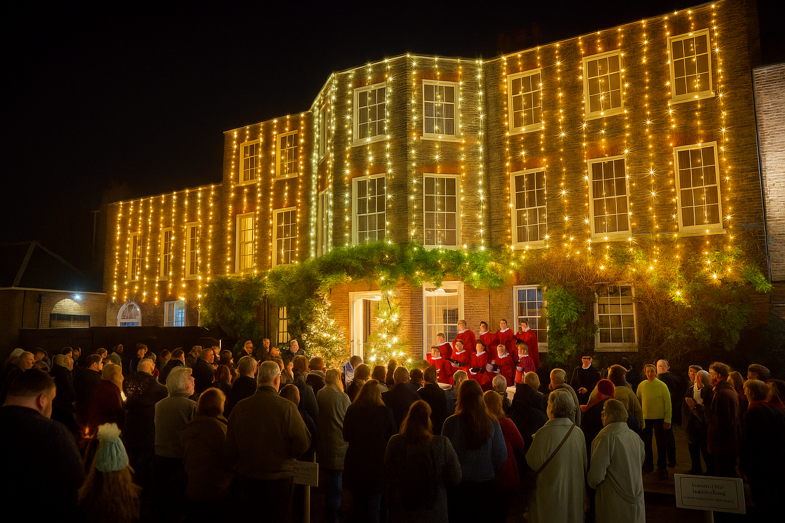 The Mitre Hotel covered in fairy lights with a crowd gathered outside