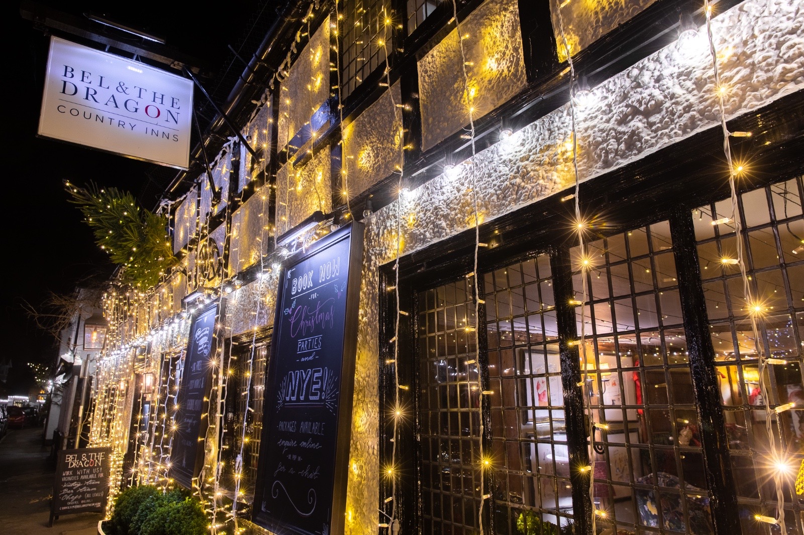Fairy lights draped across the front of the Bell and Dragon in Cookham